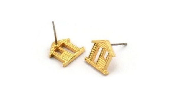 Gold Home Earring, 4 Gold Plated Brass House Stud Earrings (11mm) N1362 For Sale