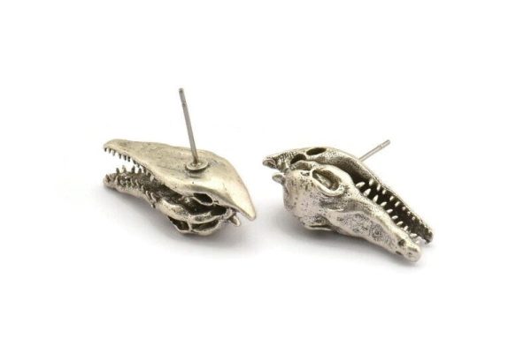 Silver Crocodile Earring, 2 Antique Silver Plated Brass Crocodile Stud Earrings (27x10mm) N0961 For Discount