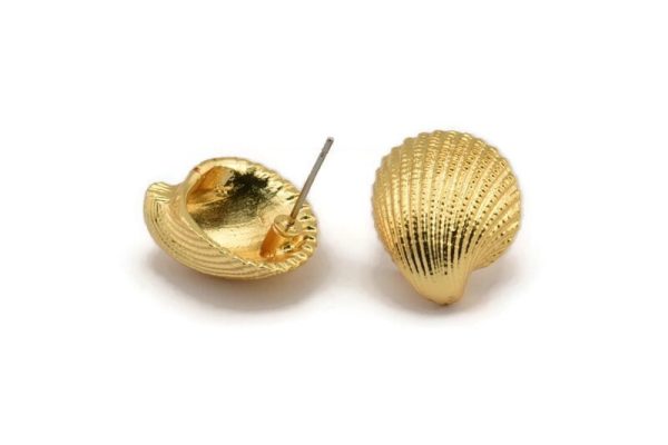 Gold Shell Earring, 2 Gold Plated Brass Sea Shell Stud Earrings (18x16mm) N0940 Supply