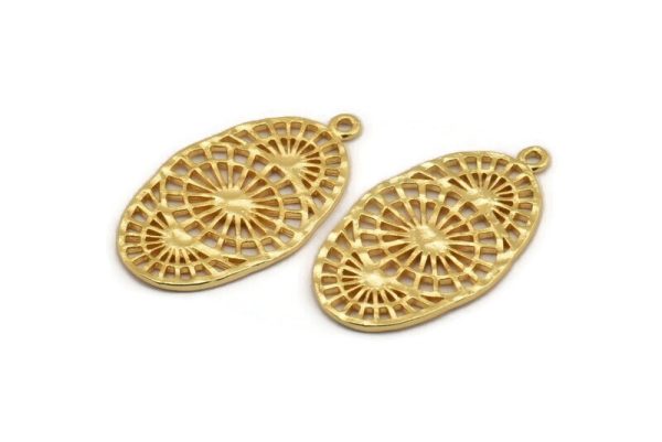 Gold Oval Pendant, 2 Gold Plated Brass Oval Pendants With 1 Loop, Earrings, Findings (29x16x1mm) N1094 For Sale