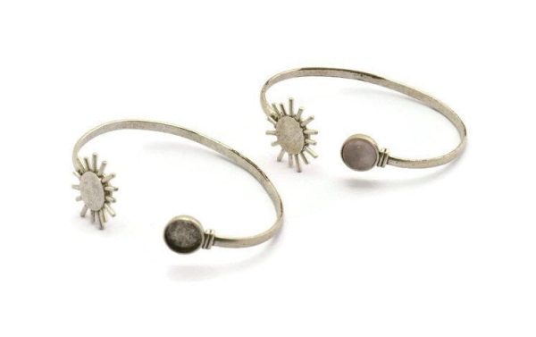 Silver Sun Cuff, Antique Silver Plated Brass Sun Cuff Stone Setting With 1 Pad -  Pad Size 10mm N1034 For Discount