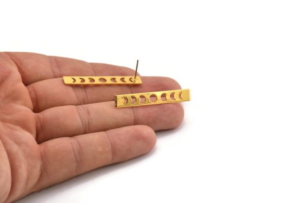 Gold Rectangle Earring, 4 Gold Plated Brass Moon Phases Stud Earrings (40x6x0.80mm) M01492 A2385 Online now - Image 3