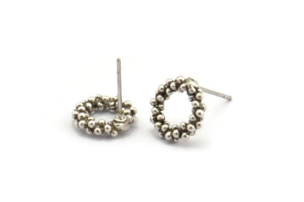 Silver Round Earring, 4 Antique Silver Plated Brass Round Earring Studs (11mm) N1201 Discount
