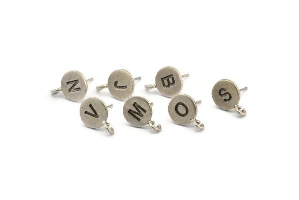 Silver Letter Earring, 4 Antique Silver Plated Brass Alphabets With 1 Loop, Alphabet Stud, Initial Earrings, Personalized Ear Stud (9mm) For Discount - Image 4