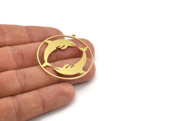 Brass Dolphin Charm, 6 Raw Brass Dolphin Patterned Round Shaped Charms With 1 Loop, Earring Charm Findings (41x39x0.80mm) A5212 Discount - Image 4