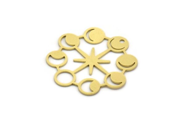 Brass Moon Charm, 4 Raw Brass Moon Phases Charms With 1 Hole, Star Charms, Findings (32x32x0.60mm) A6375 Online Sale