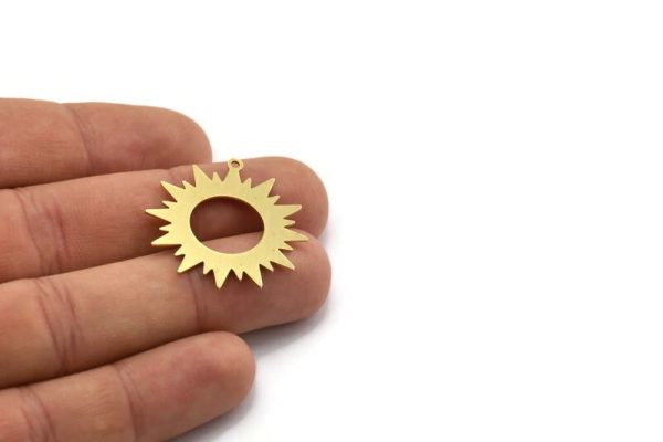 Brass Sun Charm, 4 Raw Brass Sunshine Charms With 1 Loop, Pendants, Findings (32x30x0.60mm) A6405 For Sale - Image 4