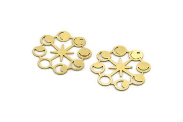 Brass Moon Charm, 4 Raw Brass Moon Phases Charms With 1 Hole, Star Charms, Findings (32x32x0.60mm) A6375 Online Sale - Image 2