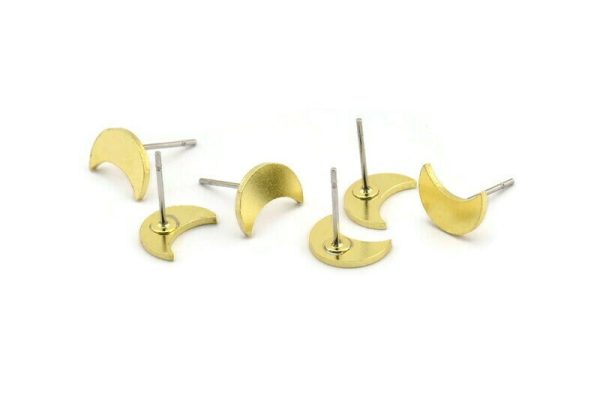 Brass Moon Earring, 10 Raw Brass Crescent Moon Stud Earrings (10x5x1mm) A3692 Sale - Image 2