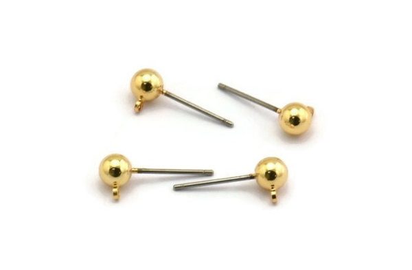 8 Earring Posts with Gold Plated Brass Ball Pad and 5 mm Hole Hook   A0394 Online