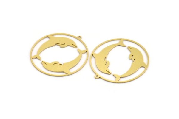 Brass Dolphin Charm, 6 Raw Brass Dolphin Patterned Round Shaped Charms With 1 Loop, Earring Charm Findings (41x39x0.80mm) A5212 Discount - Image 3