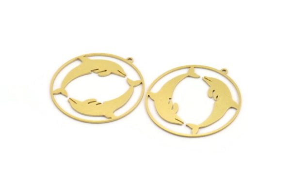 Brass Dolphin Charm, 6 Raw Brass Dolphin Patterned Round Shaped Charms With 1 Loop, Earring Charm Findings (41x39x0.80mm) A5212 Discount - Image 2