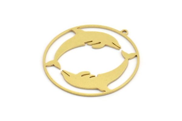 Brass Dolphin Charm, 6 Raw Brass Dolphin Patterned Round Shaped Charms With 1 Loop, Earring Charm Findings (41x39x0.80mm) A5212 Discount