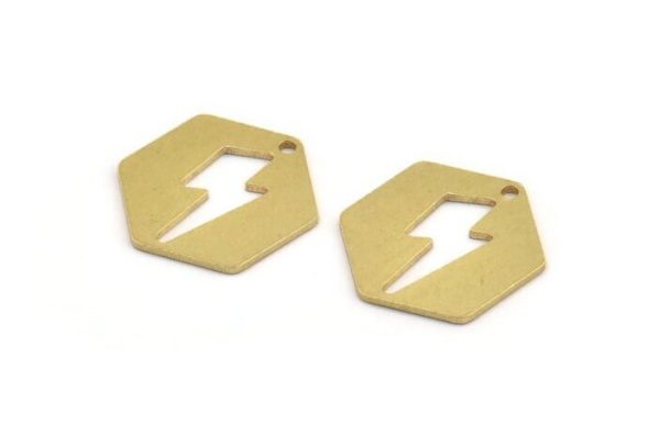Brass Lightning Charm, 6 Raw Brass Lightning Pattern Hexagon Shaped Charms With 1 Hole, Earring Charms, Findings (23x20x1mm) A5095 Online Sale - Image 2